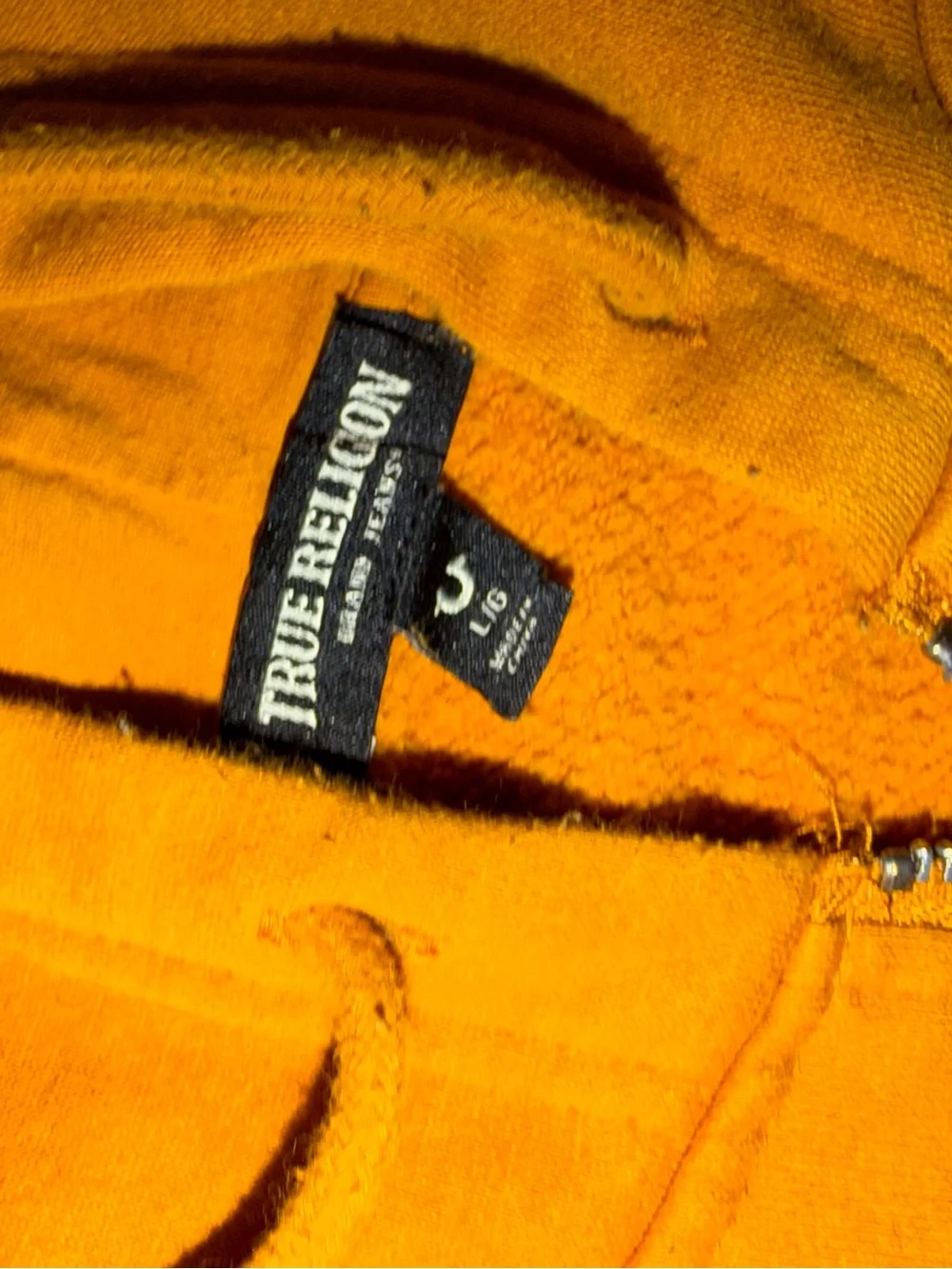True Religion Vintage yellow zip up hoodie with black logo size L